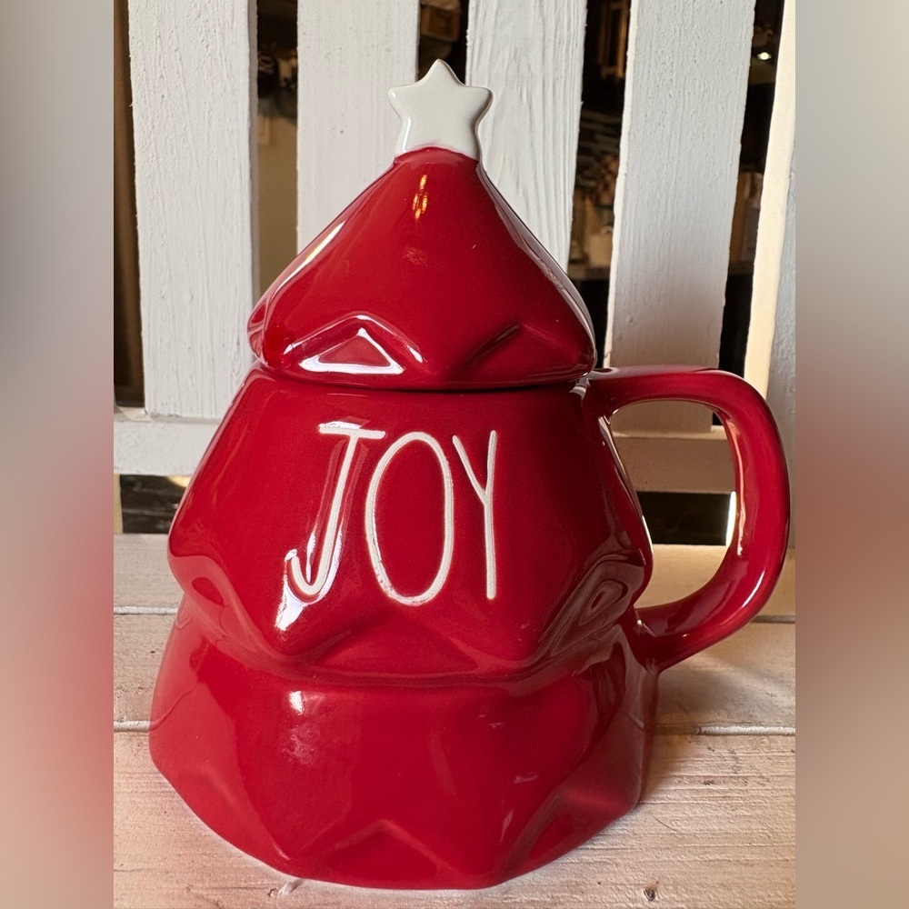 Red Rae Dunn Ceramic Holiday Mug with Lid - Joy